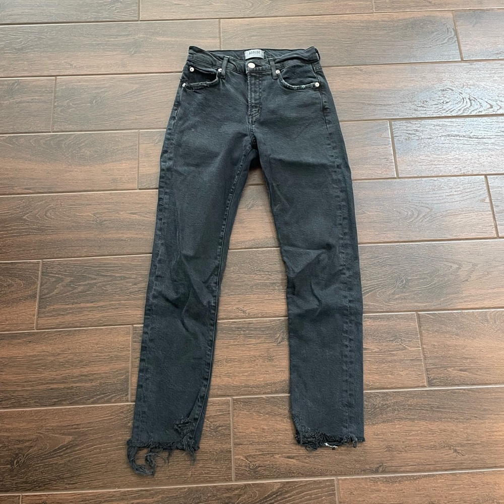 Agolde Washed Black High-Rise Straight Jeans with Frayed Hem